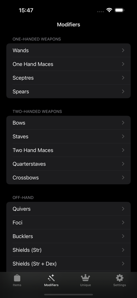 Path of Exile 2 app modifiers category list for weapons and gear