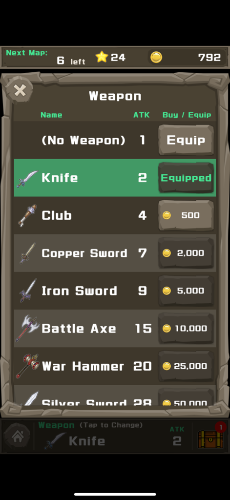 Monster Tower: Math Battle RPG - Menú de la tienda de armas de Monster Tower Math Battle RPG que muestra equipo mejorable como espadas y hachas con estadísticas de ataque y costos en monedas.