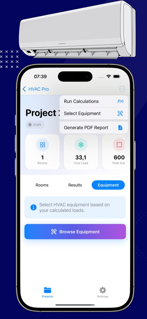 HVAC Calculator ProX - HVAC Calculator ProX mobile app interface for project management and equipment selection