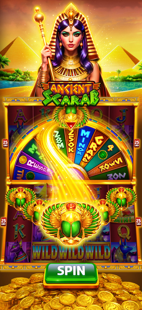 Golden Casino - Slots Games - Ancient Scarab Spielautomaten-Oberfläche in der Golden Casino App mit ägyptischem Thema und Bonus-Preisfunktion