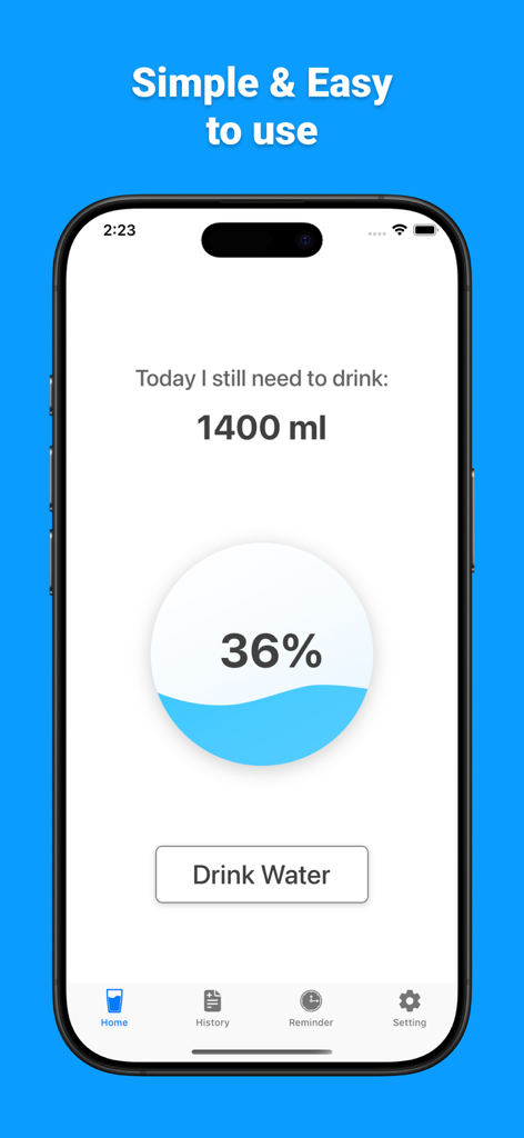 Drink Water Tracker N Reminder - Tela inicial do aplicativo Drink Water Tracker mostrando uma meta de hidratação diária e um círculo de progresso preenchido em 36 por cento