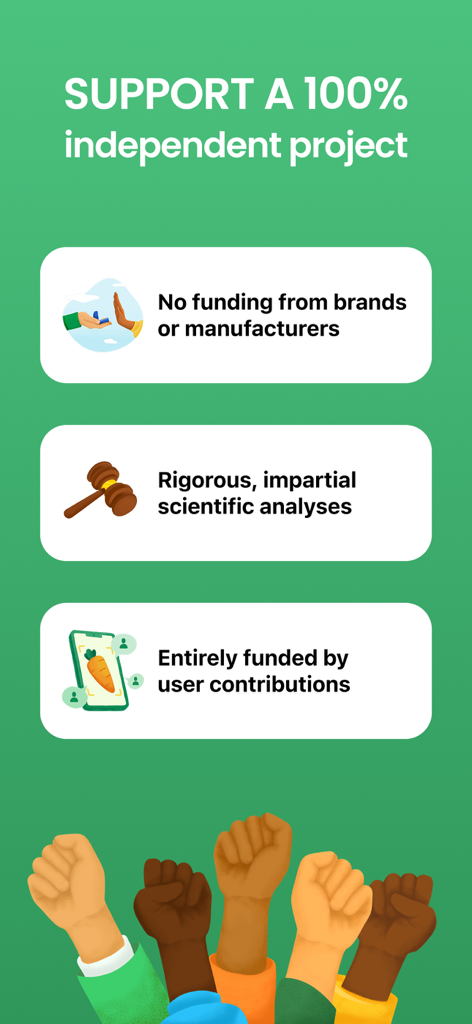 Graphic explaining Yuka app independence through user funding and impartial scientific analysis