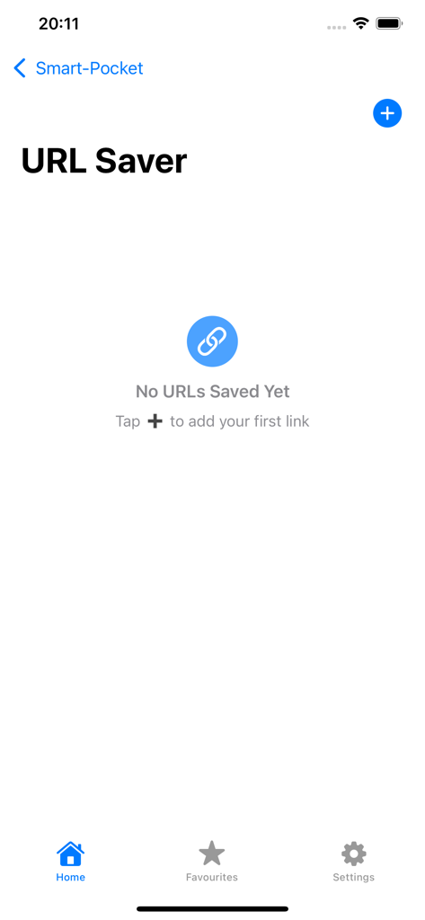 Smart-Pocket - Interfaz de la herramienta Guardador de URL en la aplicación de utilidad Smart-Pocket que muestra un estado vacío con un botón para agregar enlaces.