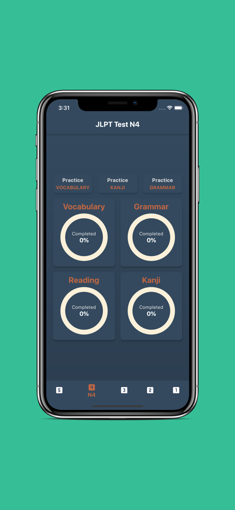 JLPT Test with AI Sensei - Panel de la aplicación JLPT Test con AI Sensei que muestra el progreso del vocabulario, gramática, lectura y kanji del nivel N4