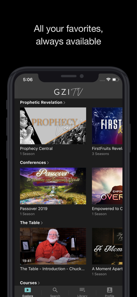 GZI TV mobile app interface showing categories like Prophetic Revelation and Conferences.