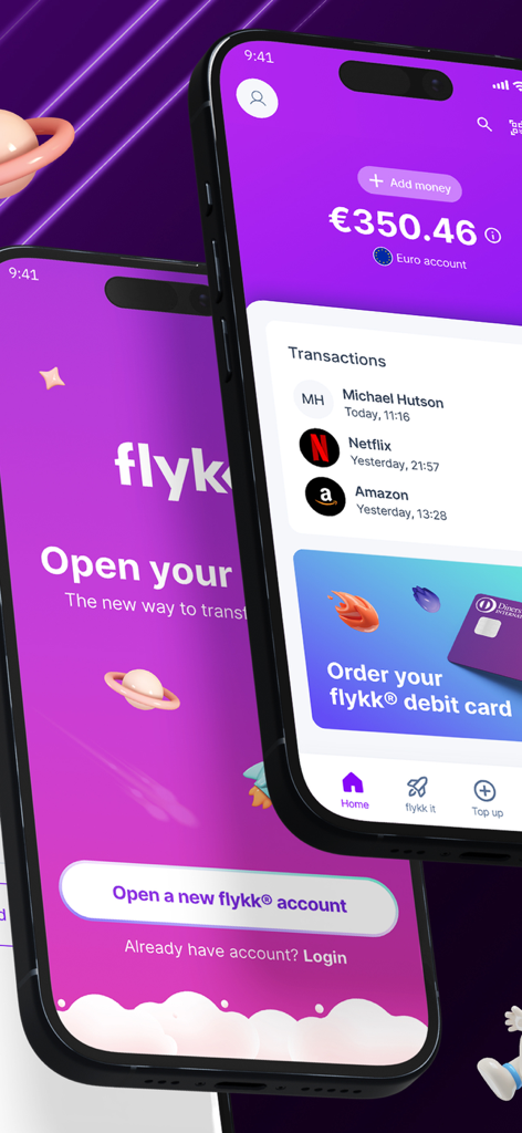 flykk - flykk app interface displaying euro account balance and transaction list on smartphone