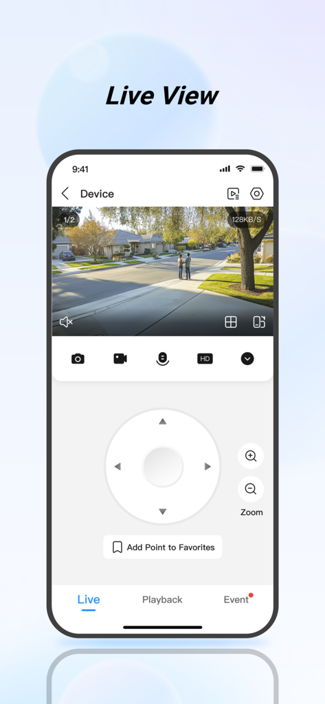 Interface de l'application mobile DMSS montrant un flux de caméra de sécurité en direct d'une rue avec des commandes PTZ.