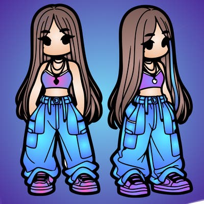 girl in baggy pants crop top and long hair