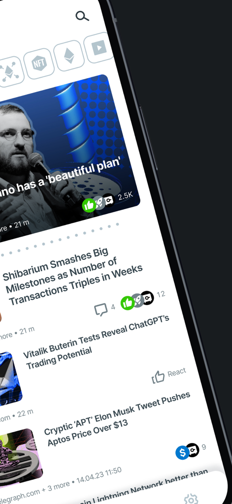 A cryptocurrency news app interface featuring headlines and user engagement icons