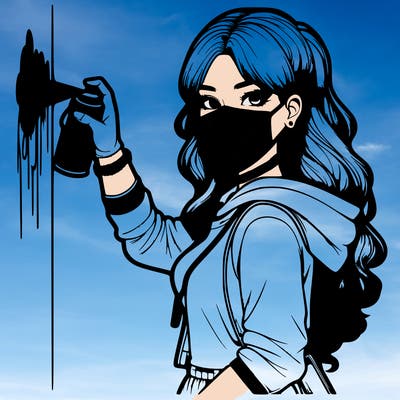 realistic girl with mask spray painting a wall