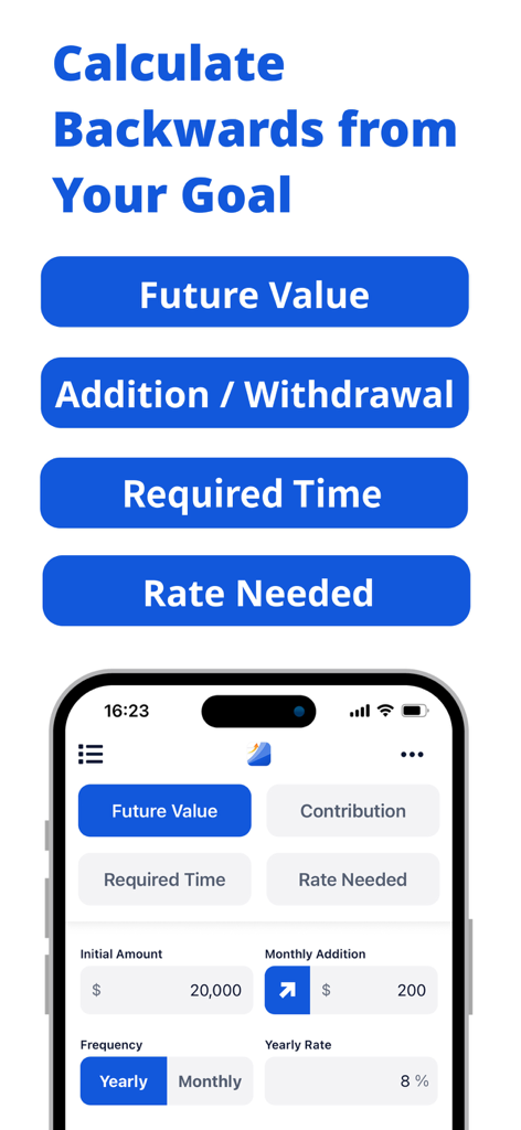Compound Interest Calculator P - Interfaz de la aplicación de calculadora de interés compuesto que muestra modos de cálculo para valor futuro, retiros, tiempo requerido y tasa de interés
