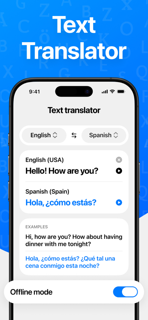 AI Lissa mobile app interface for text translation between English and Spanish with offline mode toggle
