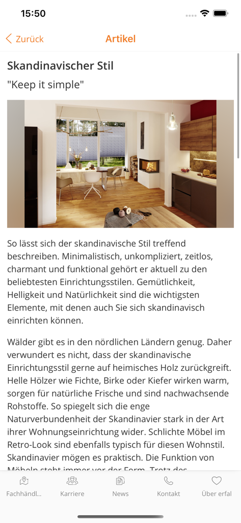 myerfal 앱의 스칸디나비아 인테리어 디자인에 대한 매거진 기사. 미니멀리스트 주방과 대형 창문 블라인드가 특징입니다.