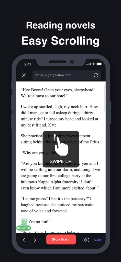 Auto Clicker - Auto Tapper App - Auto Clicker app interface demonstrating the automatic swipe up feature for easy novel reading on iPhone