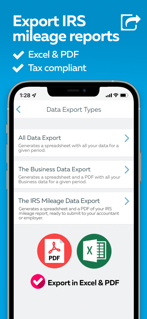 GOFAR All-in-1 Mileage Tracker - GOFAR app screen for exporting tax compliant IRS mileage reports in PDF and Excel formats