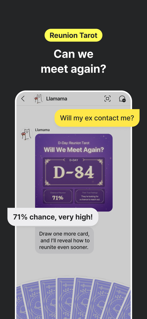 An AI chatbot interface showing a reunion tarot reading with a seventy-one percent chance of relationship reconciliation.
