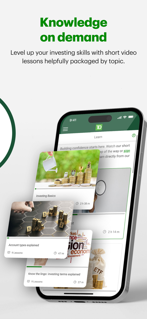 TD Easy Trade - TD Easy Trade app screen showing educational video lessons for investing basics and account types.