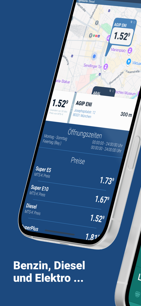 Clever-tanken app interface showing a map with fuel prices for gas stations in Munich