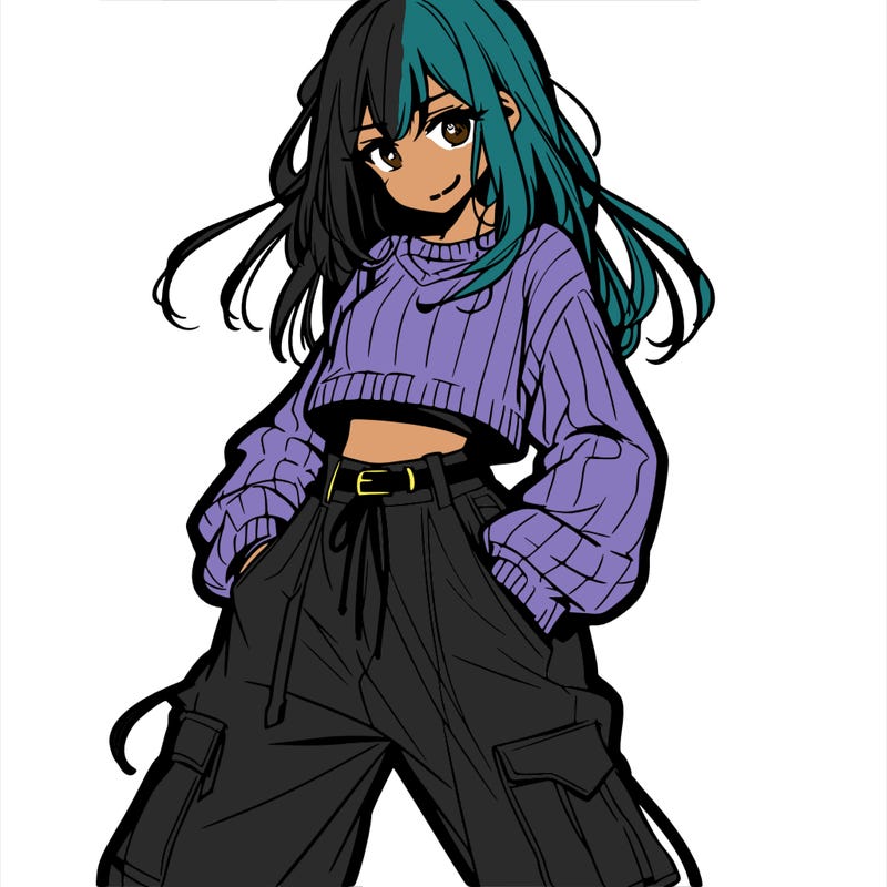 anime teen girl with baggy pants and crop top with sweater