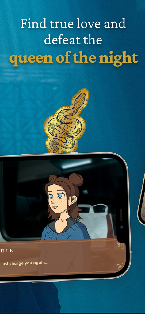 A smartphone showing a character dialogue from the Magic Flute game with a golden snake illustration above it