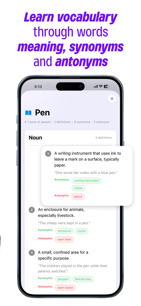 Pronounce Words - Hear it - The Hear it app showing word definitions, synonyms, and antonyms for vocabulary improvement.