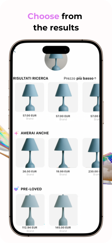 Mobile app interface showing visual search results for a blue lamp including new and pre-loved options