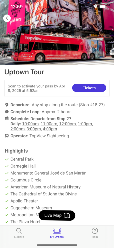 TopView Sightseeing mobile app interface for the NYC Uptown Tour showing bus schedule and landmarks