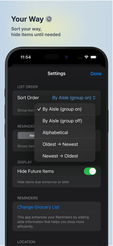 AisleMate: Grocery Aisle List - Settings screen of AisleMate showing list sorting options and the hide future items toggle