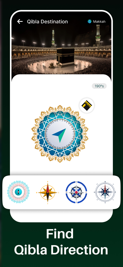 Mobile app interface showing Qibla finder with digital compass and Kaaba image