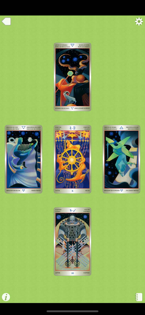 Liber T: Tarot Stars Eternal - Eine Fünf-Karten-Tarot-Legung auf grünem Hintergrund innerhalb der Benutzeroberfläche der Liber T Tarot Stars Eternal App.