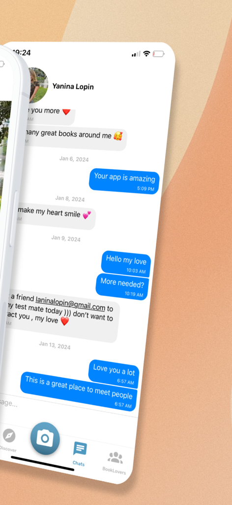 A smartphone screen showing the chat interface of the Book Lover app with a conversation between users about books and meeting people.