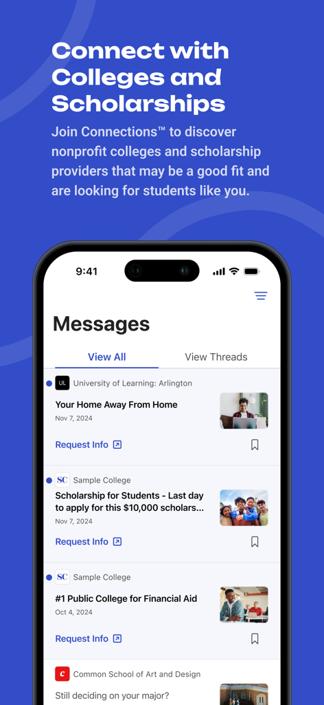The BigFuture School app messages screen showing recruitment information from colleges and scholarship programs.
