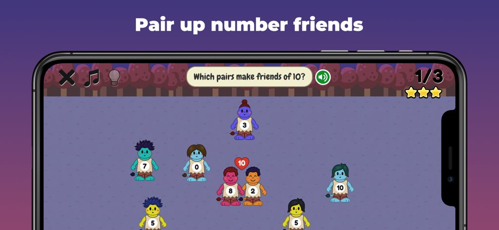 King of Math Jr 2 - Educational math game screen showing characters with numbers being paired to reach the sum of ten