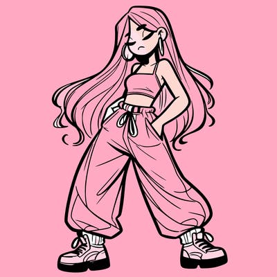 girl in baggy pants crop top and long hair