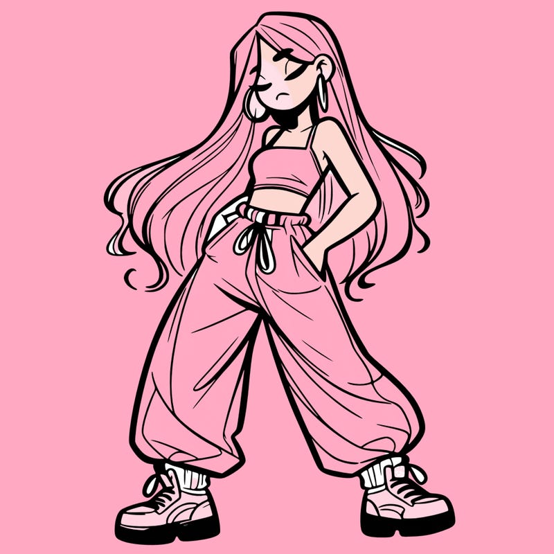 girl in baggy pants crop top and long hair