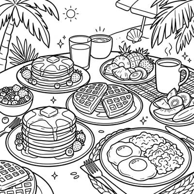 Imagine a perfect summer day with this delightful breakfast and brunch coloring page. Explore a bountiful spread of pancakes, waffles, eggs, and tropical fruits set against a sunny, relaxing backdrop.