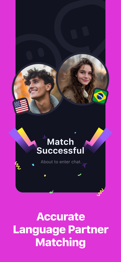 Tela do aplicativo Talkin mostrando uma correspondência bem-sucedida entre dois parceiros de idioma dos EUA e do Brasil