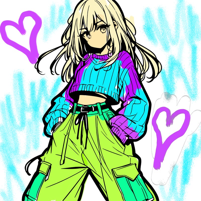 anime teen girl with baggy pants and crop top with sweater