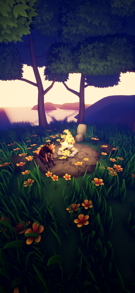 A fox sitting by a campfire in a beautiful 3D island environment from the Playne app