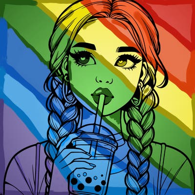 realistic girl with braided hair drinking boba