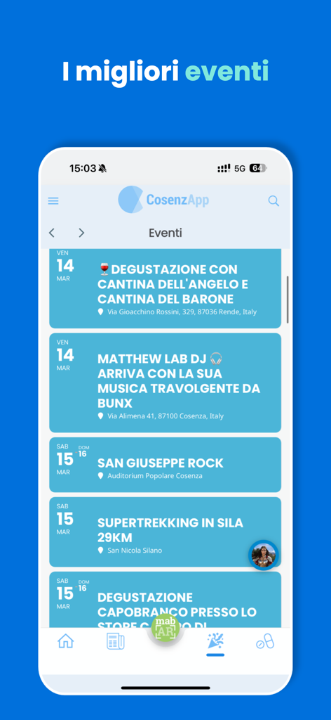 CosenzApp - Mobile app screen showing a list of upcoming local events in Cosenza including wine tastings, concerts, and outdoor trekking.