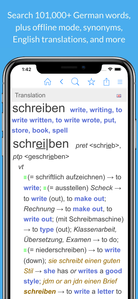 German Dictionary & Thesaurus - Mobile app interface showing the German word schreiben with its English translations and usage examples.