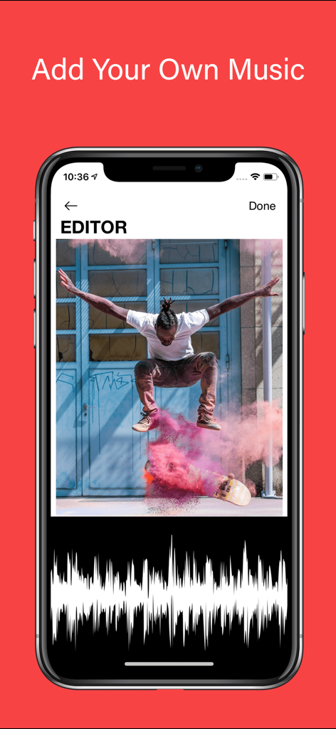 Slow Motion' Video Editor - Interface showing how to add music to a skateboarding video in the Slow Motion Video Editor app