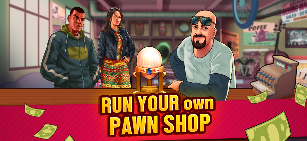 Bid Wars: Storage Auction Game - Characters standing in a pawn shop with falling money and the text Run Your Own Pawn Shop