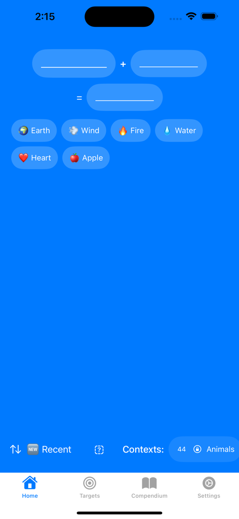 Context Craft - Interfaz de la aplicación Context Craft que muestra ranuras de combinación de palabras y fichas de elementos como Tierra, Aire, Fuego y Agua.