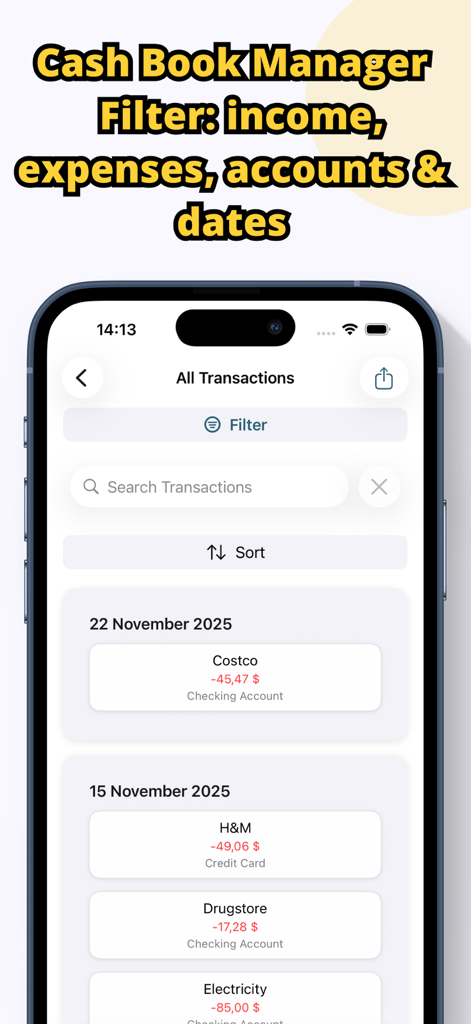 Cash Book: Cash Counter - Pantalla de historial de transacciones de la aplicación Cash Book que muestra una lista de gastos e ingresos filtrados con opciones de búsqueda y ordenación.