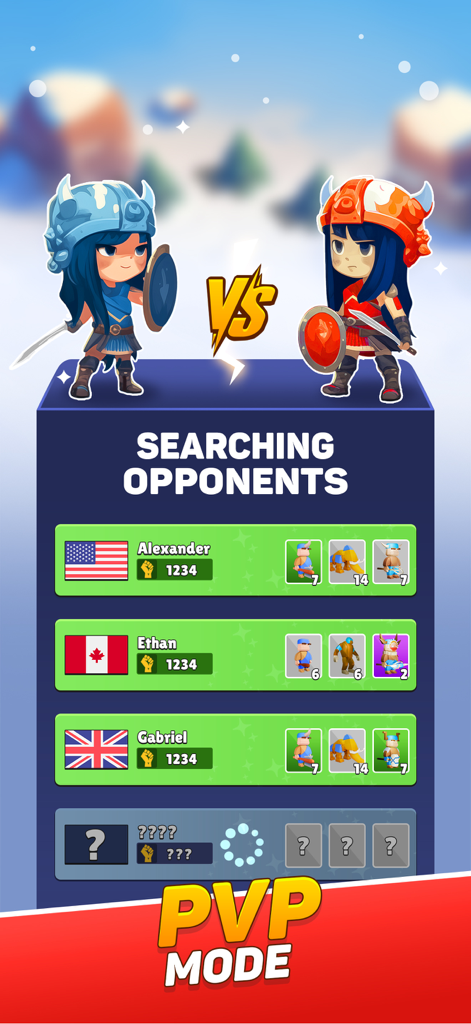Connect Towers - Islands War - Connect Towers Islands War PVP mode screen showing opponent matchmaking with player stats and country flags