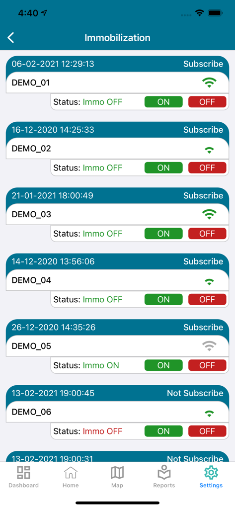 gFleet+ - gFleet plus App-Bildschirm mit einer Liste von Fahrzeugen mit Immobilisierungsstatus und Fernbedienungstasten