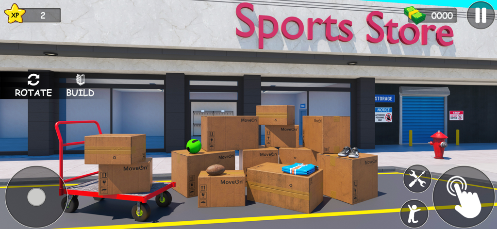 Sports Outfit & Equipment Game - Una simulación 3D de la fachada de una tienda deportiva con cajas de entrega y equipamiento atlético listo para la gestión de inventario.