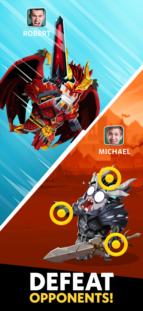 Slash & Roll: Dice Heroes - スラッシュアンドロールダイスヒーローズのゲーム画面、敵を倒すというテキストとともに、2人のプレイヤー間の様式化されたPvPバトルを示しています。